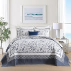 DDUOXIN Botanical Super Oversized King Bedspread - 128" W x120 L Extra Wide 100% Cotton California Quilt, Lightweight Reversible Oversize Bedspreads with 2 Pillow Shams, Blue/White