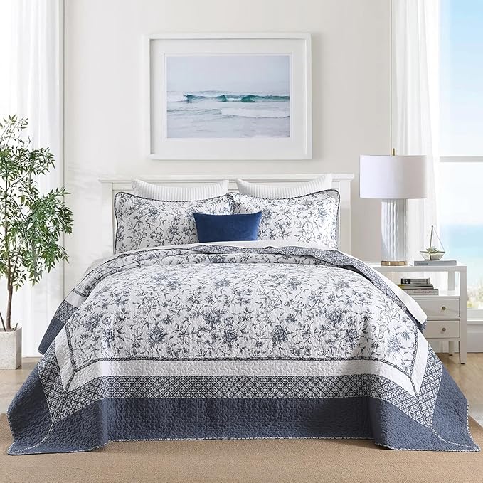 DDUOXIN Botanical Oversized Queen Bedspread - 102" W x120 L Extra Wide 100% Cotton California Quilt, Lightweight Reversible Oversize Bedspreads with 2 Pillow Shams, Blue/White