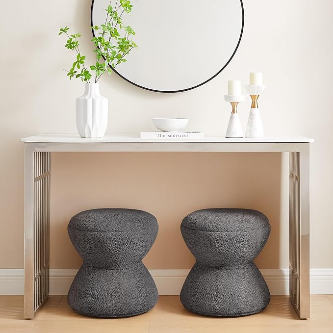 VANOMi Multi-Functional Boucle Ottoman, Vanity Stool Chair, Sturdy Rotating Wooden Footstool, Suitable for Living Room, Bedroom, and Entryway, Without Installation, Swivel, Dark Grey