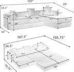 107" Oversized Convertible Sleeper Sofa Bed, Corduroy L Shape Sectional Couch, Folding Sofa Bed with Side Pocket, Modern Cloud Floor Mattress Couch, Modular Sofa for Living Room, Pink