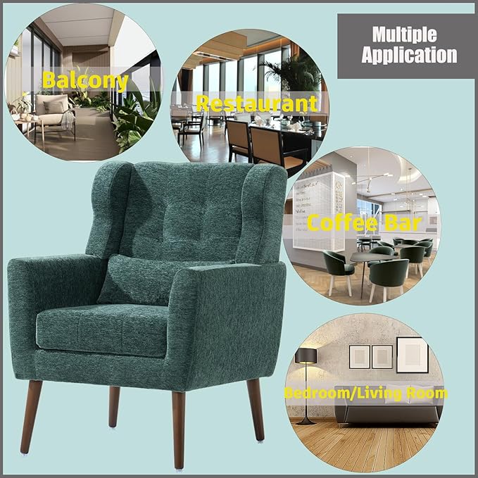 Accent Chair, Comfy Upholstered Living Room Chairs with High Tufted Backrest and Pillow, Wingback Reading Chair with Solid Wood Legs for Bedroom/Office, Chenille Fabric, Blackish Green