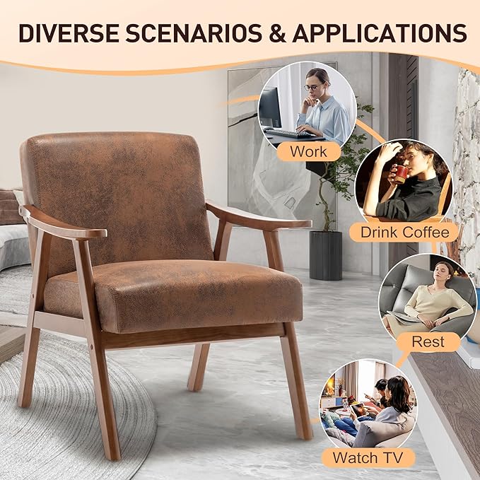 Furnimart Brown Accent Chair, Mid Century Modern Living Room Chair with Wood Frame, Comfy Armchair Wingback Chair for Office Study Vanity Bedroom Waiting Room