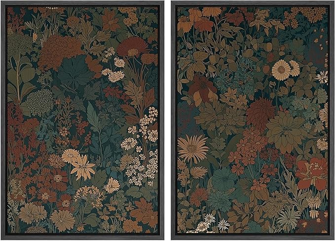 SIGNFORD Framed Canvas Print Wall Art Set Vintage Botanical Floral Dark Green and Rust Toned Illustration Modern Art Decorative Nordic Nature for Living Room, Bedroom, Office - 24"x36"x2 Black