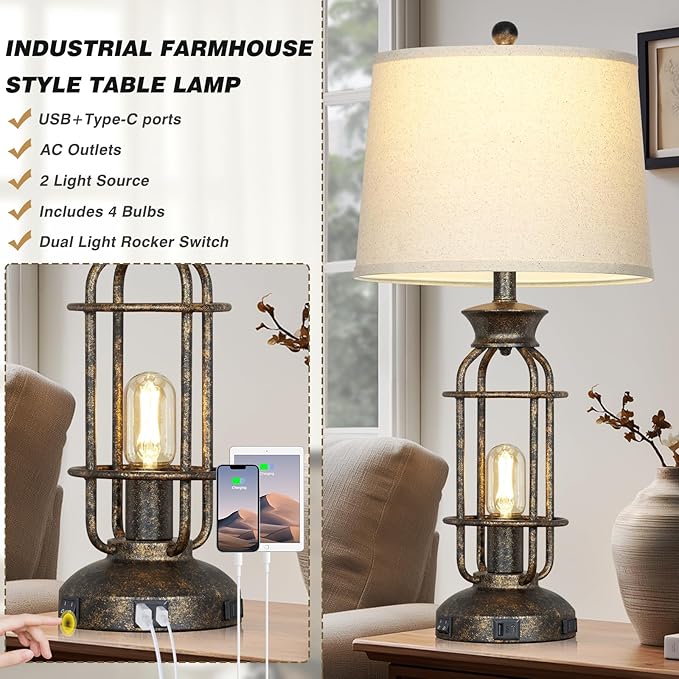28" Vintage Table Lamps for Living Room, Industrial Farmhouse Table Lamp with USB C+A Ports & Outlet, Rustic Nightstand Bedside Lamps with 2 Night Light for Bedroom End Tables Bronze, 4 Bulbs Included
