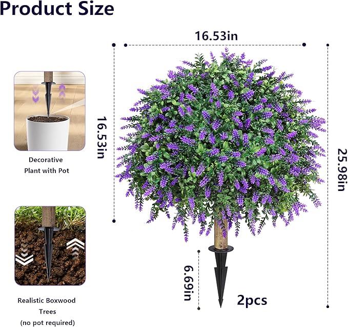 HyeFlora 2 Pack Artificial Topiary Boxwood Ball Trees with Lavender Fake Plants for Outdoor Indoor Artificial Shrubs with Ground Spike UV Resistant Fake Bushes for Front Porch Garden (Purple)