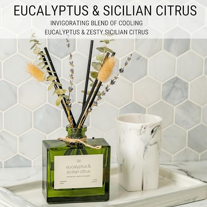 Craft & Kin Reed Diffuser with Dried Flowers | 5 oz Sicilian Citrus & Eucalyptus Scented Fall Reed Diffusers for Home, Bathroom | Scent Sticks | Elegant Fragrance Home Decor for Men & Women