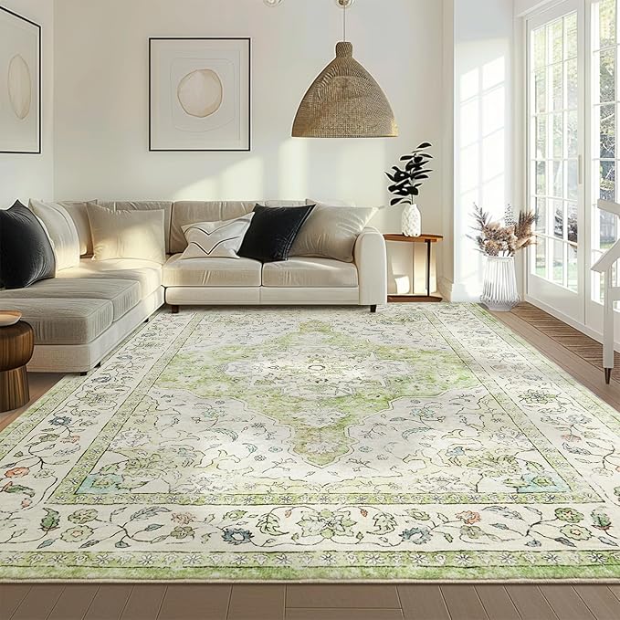 Topllen Washable Area Rug - Area Rug 6'x9' Boho Soft Living Room Rug, Non-Slip Large Area Rugs Indoor for Dining Room Livingroom Bedroom, Vintage Rug (Green, 6x9ft)