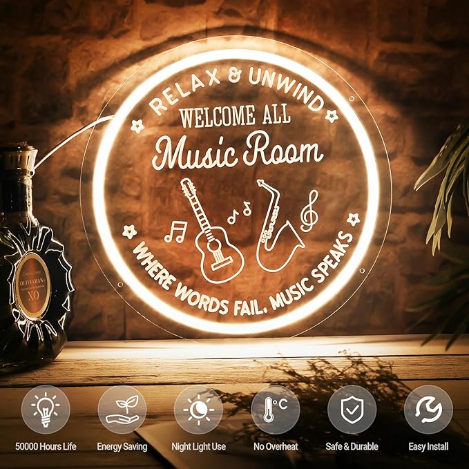 Live Music Neon Sign for Music Studio, Guitar LED Light Up Signs for Wall Decor, 3D Art Dimmable Neon Light USB for Bedroom Game Room Man Cave Party Aesthetics Decor, 12x12 Inch