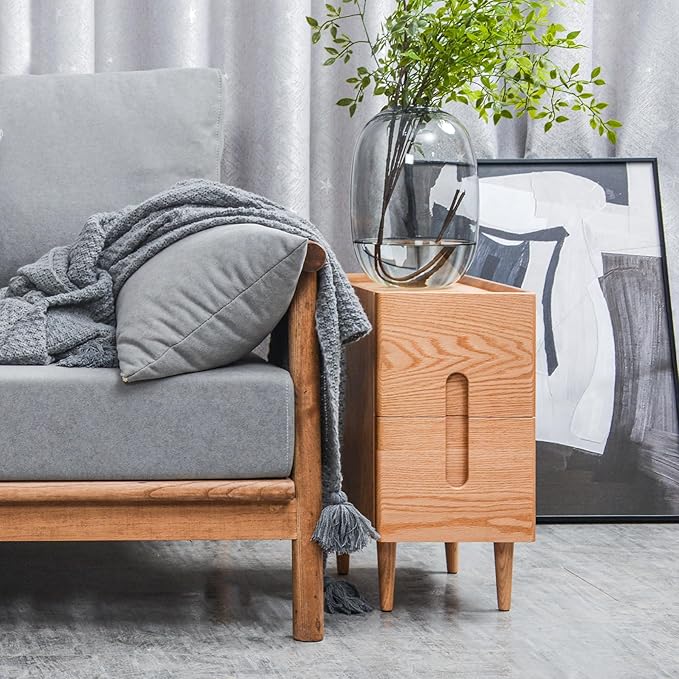 Mid Century Modern Nightstand, Narrow Nightstand, Minimalist Side Table for Bedroom, 2-Drawer Bedside Tables, (Natural, 9.84inches)