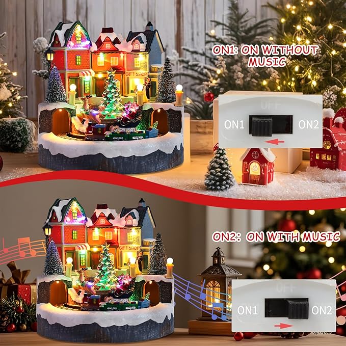 Bdor Christmas Village House with Rotating Train – Lighted Musical Xmas Tabletop Decoration with Santa Sleigh & LED Lights – Electric or Battery Operated Christmas Scene Décor, 9"x9"x9"