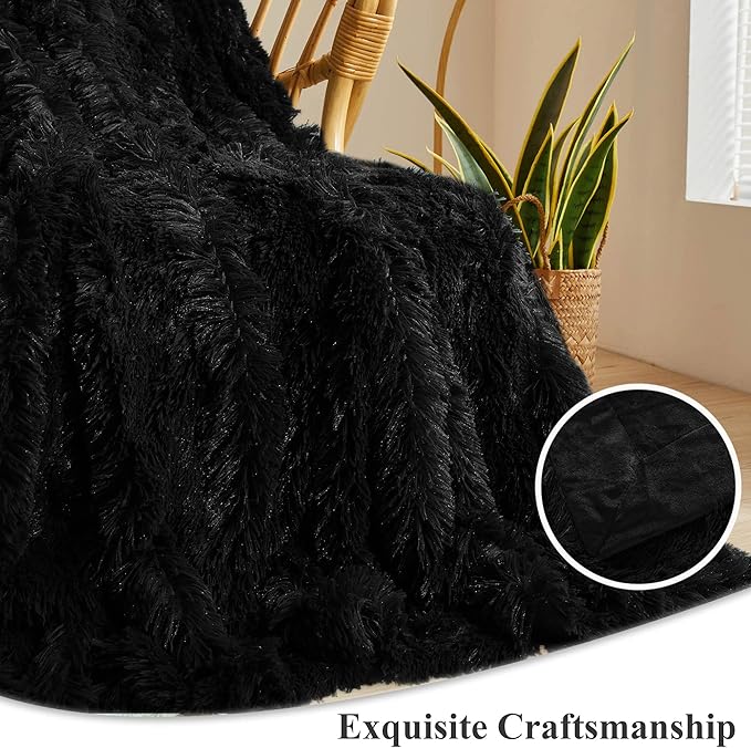 XeGe Luxury Faux Fur Throw Blanket, Black Soft 50x60 Fluffy Blanket Throw, Shaggy Plush Decorative Couch Blanket, Cute Furry Bed Throw Fuzzy Lap Blanket for Kids Women Men Teen Girls Black