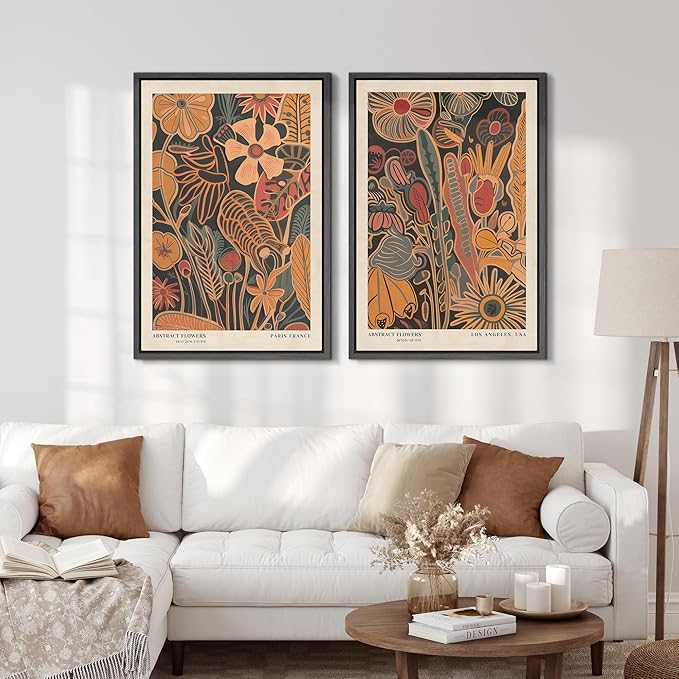 SIGNFORD Framed Canvas Print Wall Art Set Abstract Blossoms Vibrant Floral Illustration Modern Art Decorative Nordic Nature for Living Room, Bedroom, Office - 16"x24"x2 Black