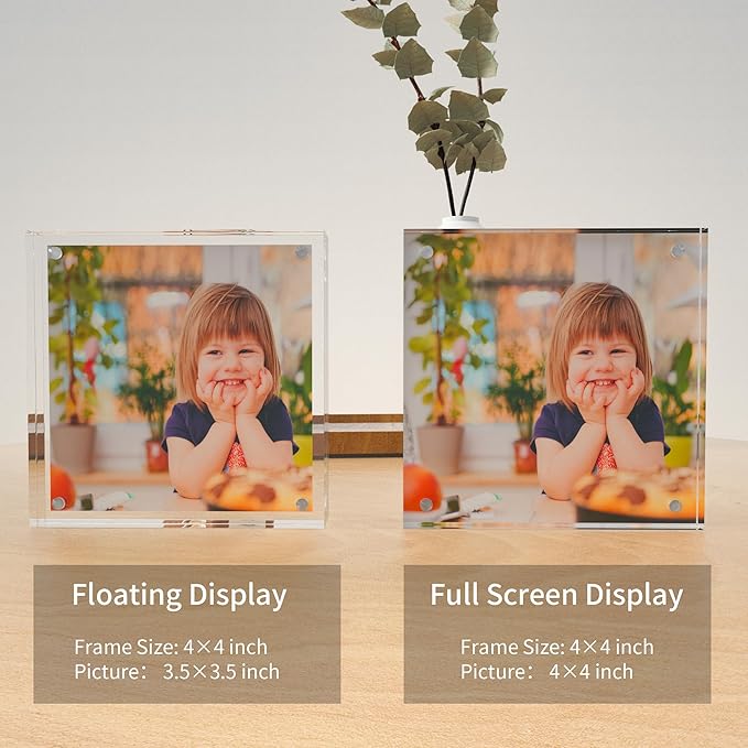 Acrylic 4x4 Inch Square Picture Frame 3 Pack, Magnetic Photo Frames for 4x4 or 3x3 Pictures Display, Clear Double Sided Freestanding Picture Frames, Desktop Ticket Display