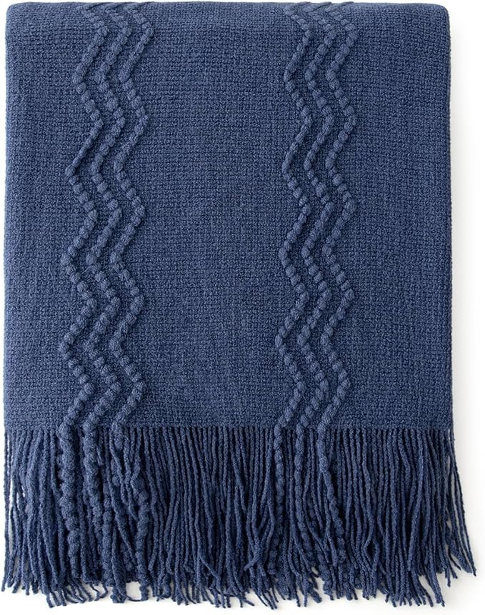MIULEE Navy Blue Knitted Throw Blanket for Couch Textured Knit Blanket with Tassels Cozy Woven Boho Bed Blanket for Sofa Bed Chair Acrylic Wave Pattern 50"x60"