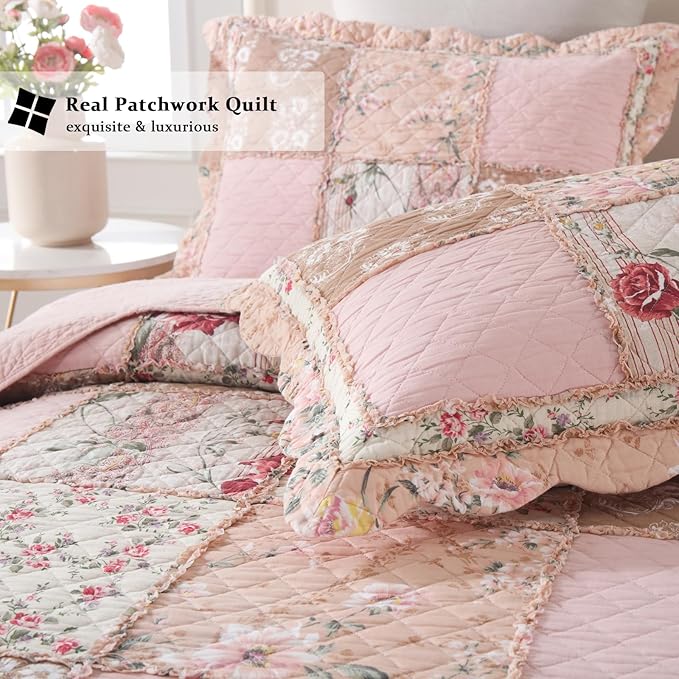 Yvooxny Quilts King Size Patchwork Pink Floral Quilt Set Vintage Shabby Chic Botanical Floral Quilted Bedspread 3-Piece Quilt Set with Ruffle for All Seasons, King Size, 106 * 98 Inches