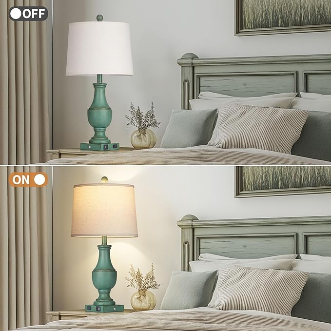 Farmhouse Table Lamp Set of 2, Rustic Touch Control 3-Way Dimmable Lamps with USB A+C Charging Ports & AC Outlet, Vintage Retro Antique Bedside Lamp for Living Room Bedrooms Nightstand Green