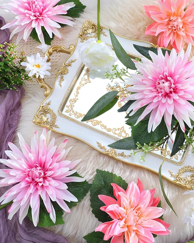 Nubry Fake Artificial Flowers in Vase,Faux Silk Dahlia Flower Bouquet Floral Arrangement Fake Plant Decor for Tables Centerpieces,Home Office Party Wedding Decor(Pink with Vase)