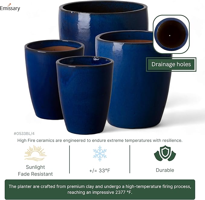 Emissary Bullet 14 in. Blue Ceramic Round Planter (14 in. L x 14 in. W x 15.5 in. H) with Drainage Hole