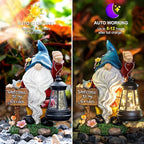 Garden Gnome Statues Figurine Lights - Solar Powered Lighting Outdoor Decorations with Lantern & Welcome Sign, Yard Art Lawn Ornaments for Porch Patio Balcony - Gnome Gifts for Women Mom