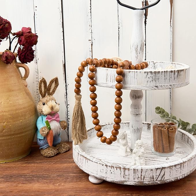 OMISHE 59in Wood Bead Garland with Tassels, Decorative Beads Decor, Farmhouse Wooden Beads Garland for Wall Hanging Home Festival Decor, Brown