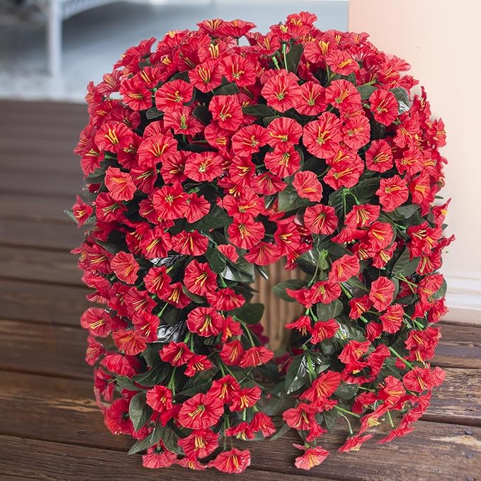 Artificial Fake Hanging Flowers Plants for Outdoor Outside Decoration, 2PCS Faux Silk UV Resistant Look Real Red Morning Glory Trailing Vines for Home Planter Wedding Party Garden Patio Porch