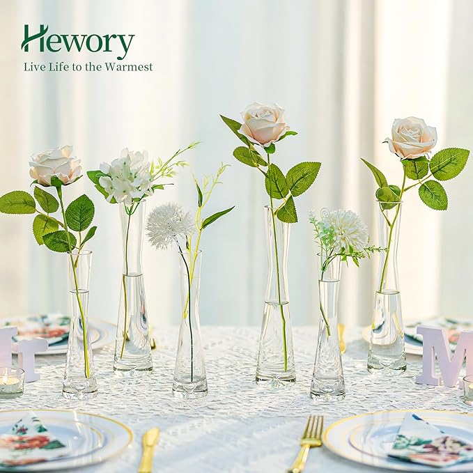 Hewory Glass Bud Vases for Centerpieces Set of 18, Handmade Modern Clear Small Skinny Decorative Single Flower Vase, Minimalist Slim Floral Vase for Home Wedding Party Events Table Decor, 7.87"