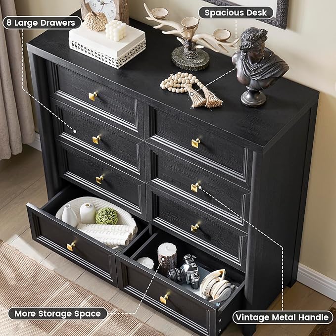 Farmhouse Dresser for Bedroom, 41" Tall Black Dresser with 8 Drawers, Soide Rustic Wood Vintage Dressers Chest of Drawers for Bedroom, Living Room, Hallway
