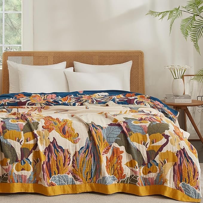 Boho Throw Blanket for Couch Sofa Bed, 100% Cotton Woven Quilt with Tassel 60”x80”, Super Soft Muslin Blanket with Floral Printed, Decorative Reversible Bed Blanket/Cover for All Seasons