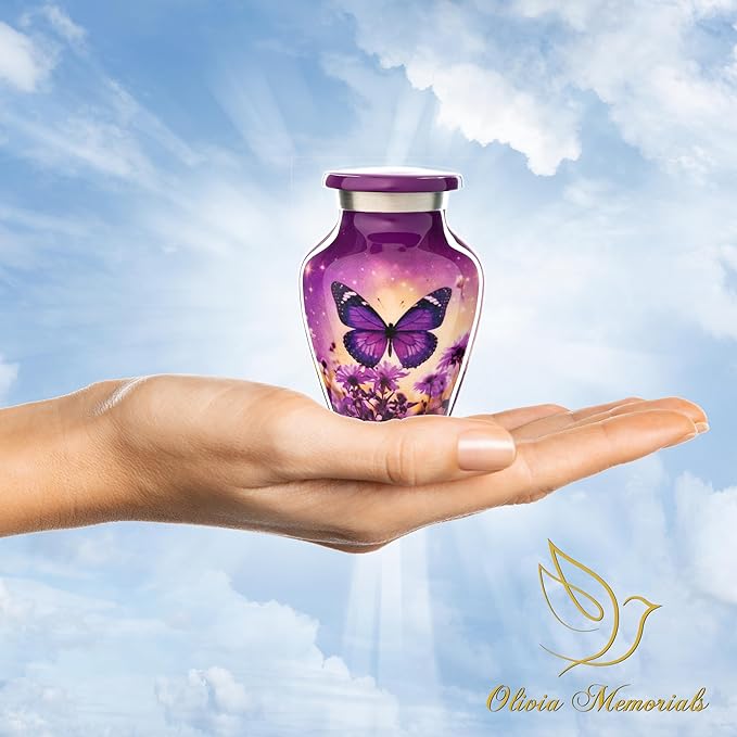 Olivia Memorials Small Urns for Human Ashes Adult Female - Set of 4 Purple Butterfly Urns Keepsakes - Mini Cremation Urn for Mom Dad Baby Pet Dog