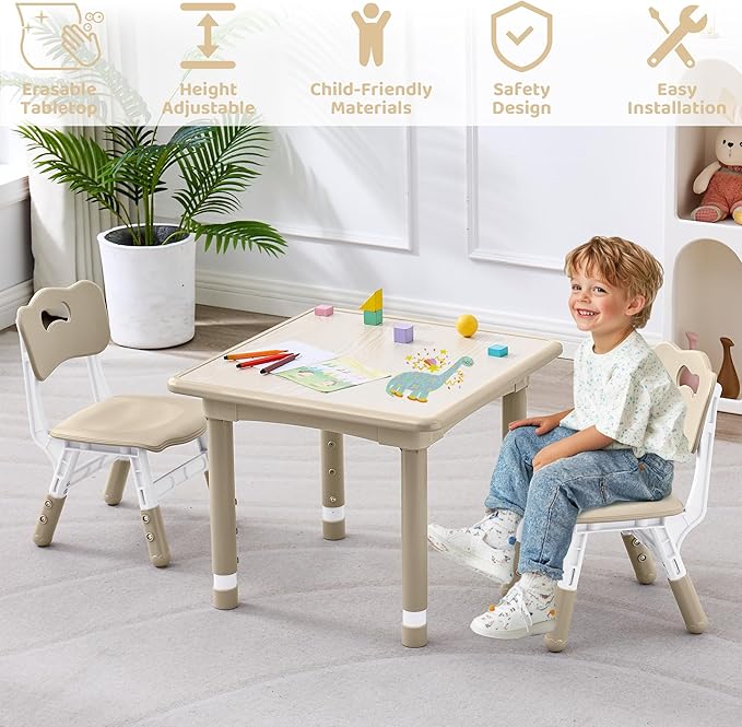 Kids Table and 2 Chairs Set, Height Adjustable (17.7"-26.1") Toddler Table and Chair Set, Multi-Activity Table with Graffiti Desktop, Children’s Table and Chairs for Classroom, Home & Daycare
