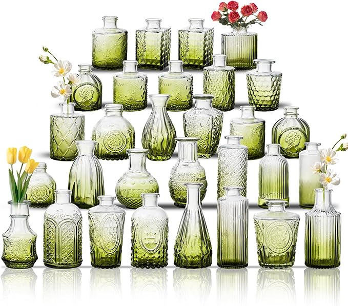 Glass Bud Vase Set of 30, Small Flower Vases, Glass Vases for Centerpieces, Vintage Home Table Decorations Bud Vases (30 Pcs, Green)