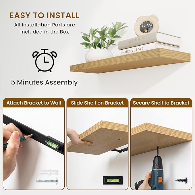 Fun Memories Floating Shelves for Wall, 32 Inch Rustic Wood Wall Mounted Shelves for Bathroom, Bedroom, Kitchen, Living Room, Deep Floating Shelves for Storage & Home Decor (Oak, Set of 2)