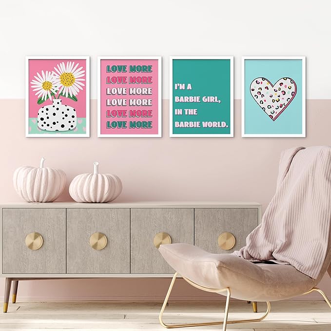 SIGNWIN Framed I'm a Barbie Girl in The Barbie World Wall Art, Set of 4 Heart, Chrysanthemum Illustration Wall Decor Prints, Preppy Room Decor Wall Décor for Living Room, Bedroom - 8"x10" White