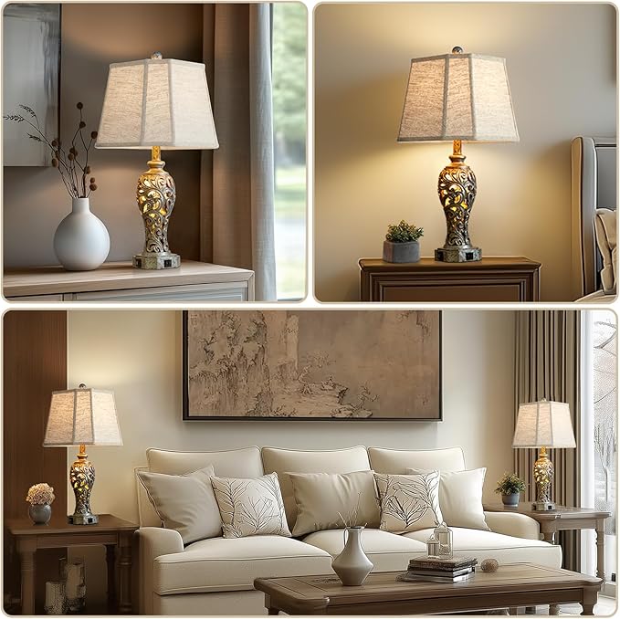 Vintage Table Lamps Set of 2 for Living Room Bedroom, 2 USB Ports 25'' Rustic Farmhouse Desk Lamp with Nightlight, Iron Gray Hollow Out Resin Lamp for End Table (Bulbs Included)