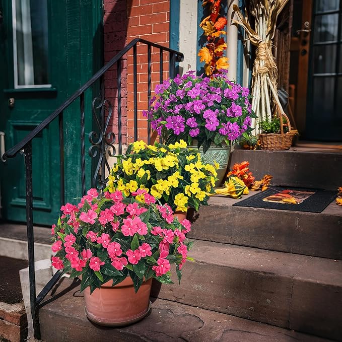 Artificial Impatiens Bouquet Flowers for Outdoors Silk Faux Flowers for Outdoor Impatiens Plants Decor Indoor Planters Kitchen Planters and Balcony Decorations 4PCS (Yellow)