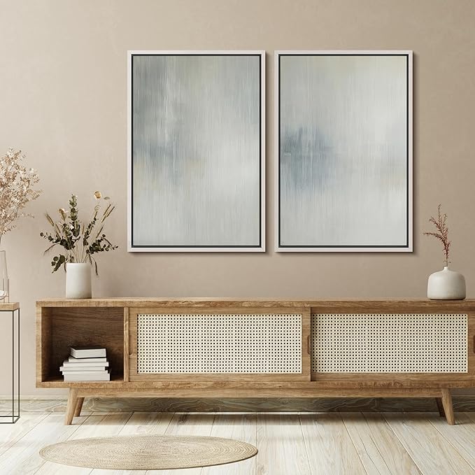 SIGNFORD Framed Canvas Print Wall Art Set Soft Gray and Blue Abstract Neutral Illustration Modern Art Decorative Nordic Nature for Living Room, Bedroom, Office - 24"x36"x2 White