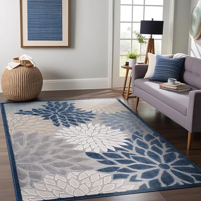 Beverly Rug Outdoor Rug 9x12 Large Modern Floral Tropical Area Rugs for Indoor and Outdoor Patio Easy to Clean Non Shedding Living Room Porch Garden Washable Outside Carpet (9 x 12 Blue)