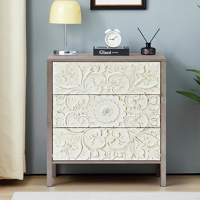 3 Drawer Dresser, Vintage French Chest of Drawers with Storage, Farmhouse Distressed Boho Nightstands Set of 2, Small Wide Dresser for Bedroom Hallway Living Room Entryway (2, Rustic Brown Gray)