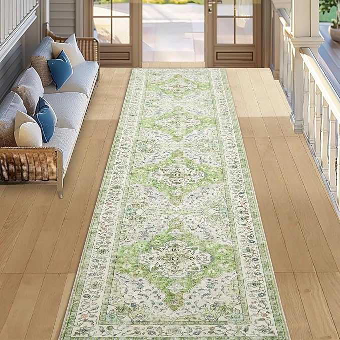 Topllen Runner Rug - 2'x10' Boho Washable Kitchen Rug, Non-Slip Soft Low Pile Rugs Indoor for Hallway Hall Living Room Bedroom Sunroom, Vintage Throw Stair Carpet Stain Resistance (Green, 2x10ft)