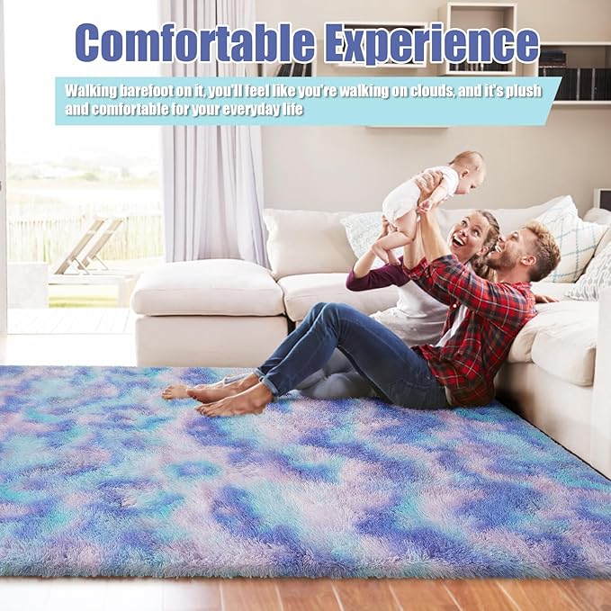 9x12 Fluffy Area Rugs for Living Room,Large Fuzzy Shag Area Rug for Bedroom,Soft Non-Shedding Indoor Plush Carpet for Kids Bedroom Nursery Home Decor,Rainbow Purple