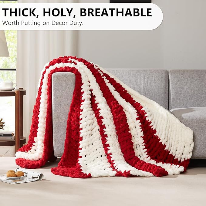 L'Agraty Chunky Knitted Throw Blanket: 80''x90'' Chenille Throw for Bed & Couch - Handmade Thick Cable Knit - Large Crochet Blanket (Red White)