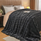 Lotus Karen Queen Size Faux Fur Blanket Dark Gray - Big Bubble Rabbit Fluff Throw for Bed Large Fluffy Fuzzy Cozy Thick Furry Plush Shaggy Blankets 90x90 Inches