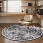 AMOAMI-6FT Round Rug-Rugs for Living Room-Vintage Soft Black Rugs for Bedroom-Non Slip Circle Rug-Machine Washable Rug for Dining Room Living Room Bedroom Office Under Table Dark Grey & Black
