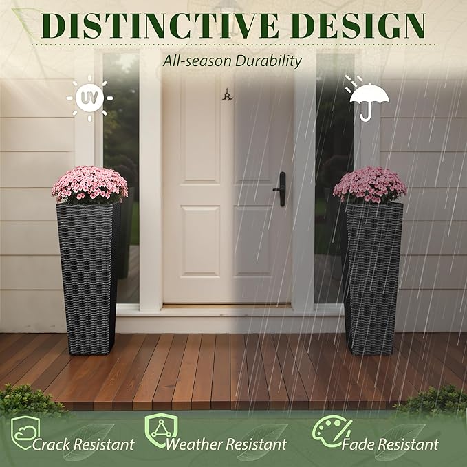 JUMMICO Set of 2 Resin Rattan Tall Planters for Outdoor Plants, Large Tapered Planters with Drainage Holes&Inner Trays, Flower Pots for Garden, Patio, Porch, Backyard (Black, 32'')