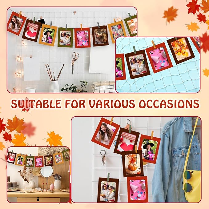 Janlaugh 100 Pcs Fall Paper Photo Frames 4x6 Fall Paper Frame with 100 Clip 10 String Kit DIY Hanging Cardboard Photo Holder Thanksgiving Wall Decor Wedding Home