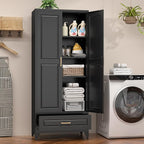 75" Kitchen Pantry Cabinet with Drawer, Metal Storage Cabinets with Doors and Adjustable Shelves, Black Tall Pantry Cabinet for Dinning Living Room, Home Office