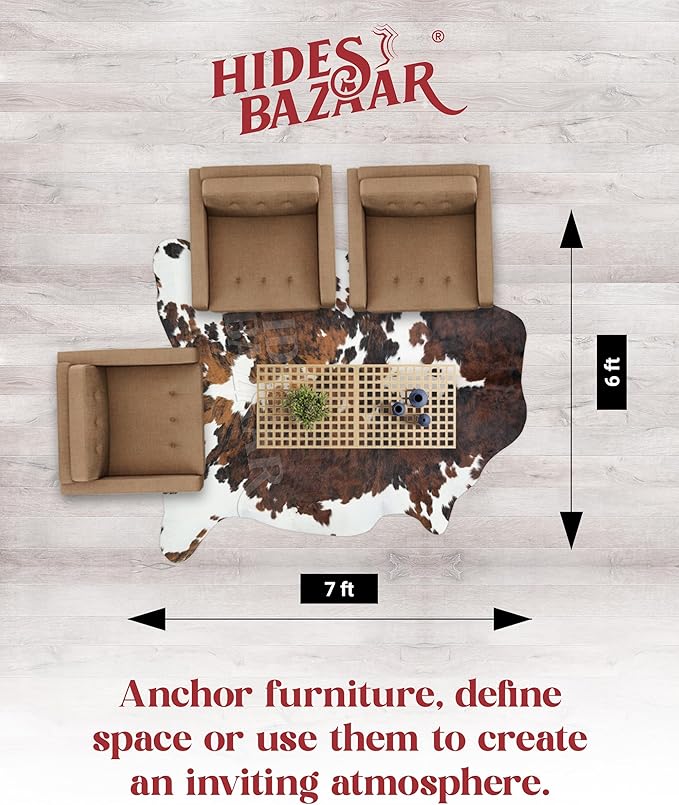 Tricolor Cowhide Rug Classic Brown, Black and White Color Mix, Natural Leather Hide, Area Rug (6x7ft)