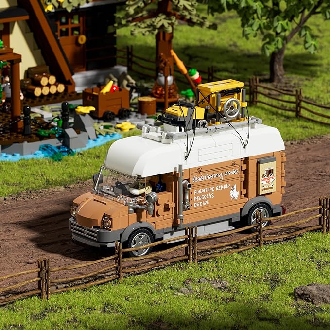 FUNWHOLE Carpentry Van Lighting Building-Bricks Set - Farm Woodworker Car Collectible Display Set 496 Pcs for Adults and Teen