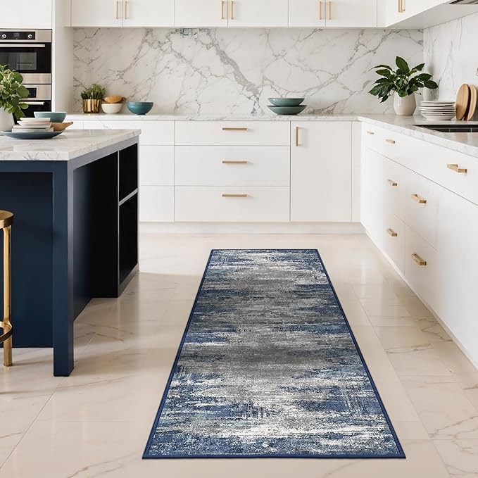 GENIMO Runners for Hallways，2x6 Washable Runner Rug Non-Slip, Long Runner Rugs with Rubber Backing, Low Pile Lightweight Rugs for Kitchen, Bedroom, Bathroom, Entryway, Blue Ivory