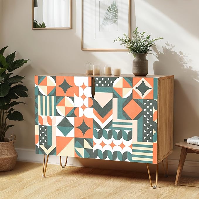 SIGNWIN Sideboard Buffet Cabinet, Kitchen Storage Cabinet with 2 Doors, Orange & Teal Star Circle, Cupboard Console Table for Dining Room - 35" L x 18" W x 29" H